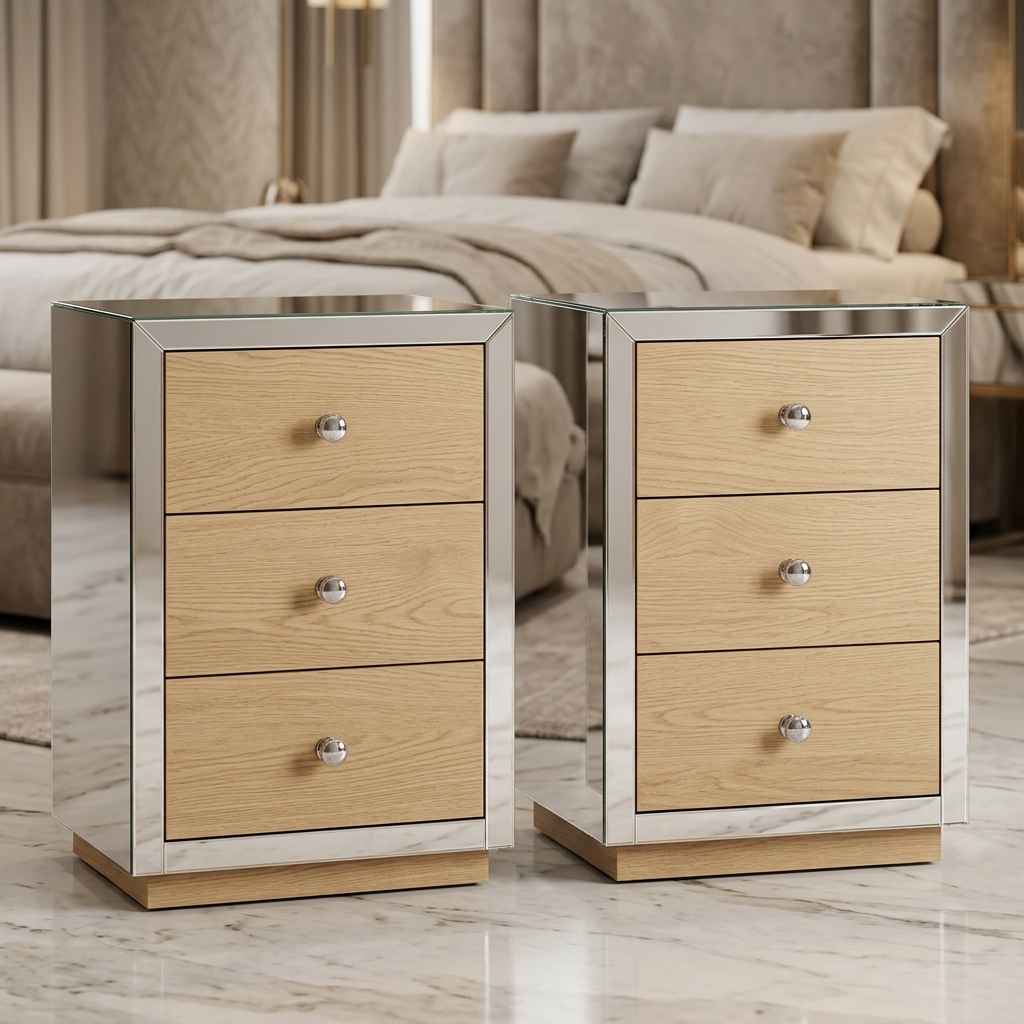 Kombera Mirrored 3-Drawer Bedside Pedestals (Pair)