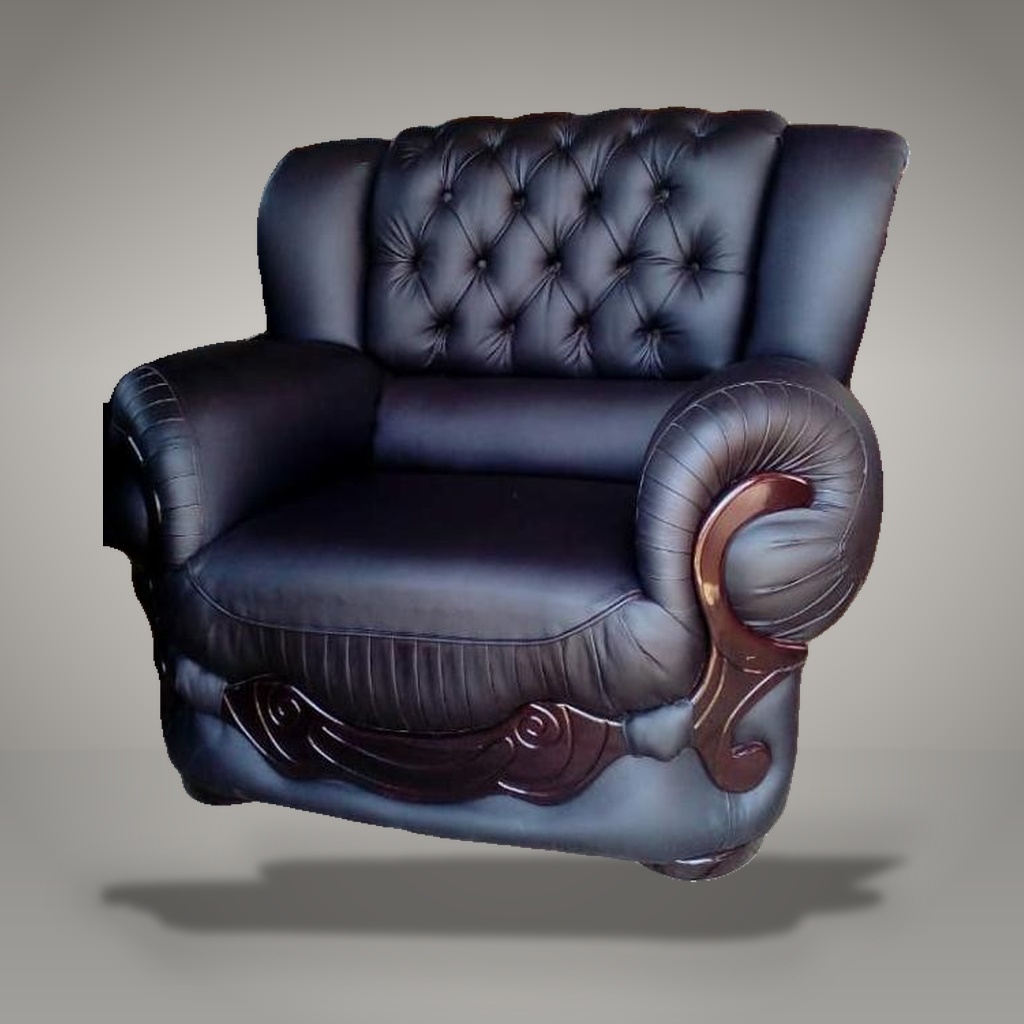 Kombera Rolex Diamond-Tufted Leather Armchair with Mahogany Wood Trim